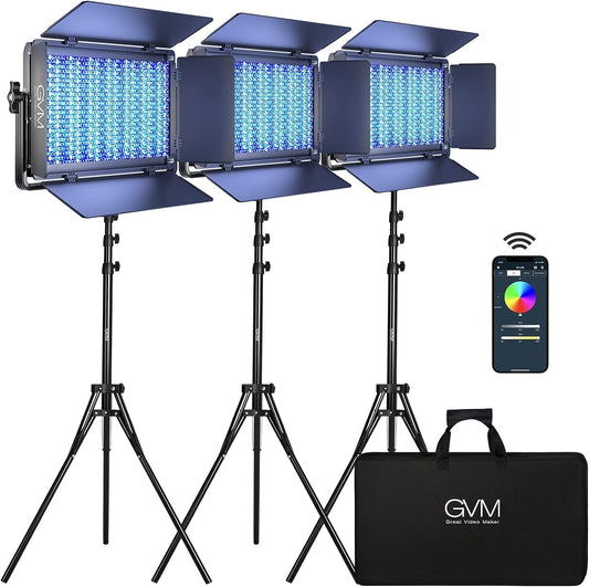 GVM 1500D RGB videolichtpaneel met lichtstatief, 3 stuks 75 W led-fotografielamp 27000lux/0,5 m 3200K-5600K studiolicht voor YouTube film streaming, 18 lichteffecten, app-bediening, 1128 lampkralen