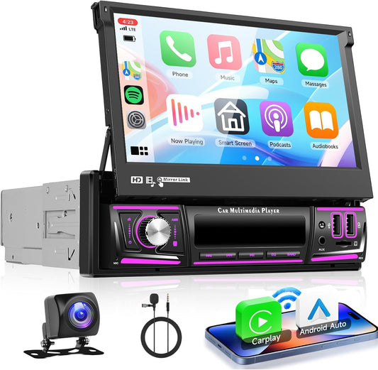 VECHTEL 2G + 32G autoradio 1 Din met Carplay Android Auto draadloos, 6,9 inch touchscreen stereo auto ondersteuning Bluetooth 5.0 Radio FM RDS GPS Wi-Fi Mirror Link USB/Type-C achteruitrijcamera