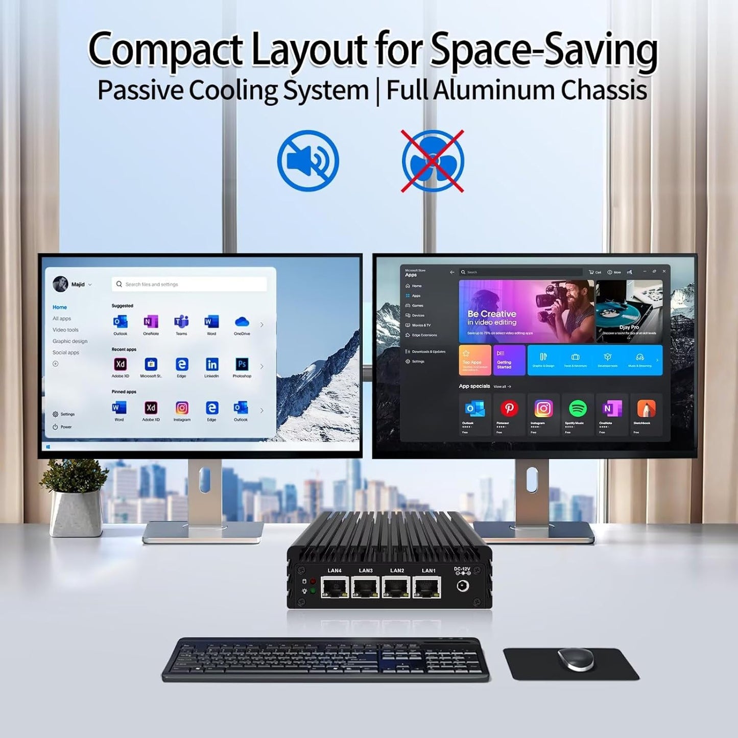 Micro Firewall Appliance, Fanless Mini PC J3710 4C/4T, 4x 2.5 GbE i226-V LAN,AES-NI,DDR3 8GB SSD 128GB Router Netzwerk Security USB3.0/HD/DP/Console RJ45 Port/Wi-Fi, Dual Display