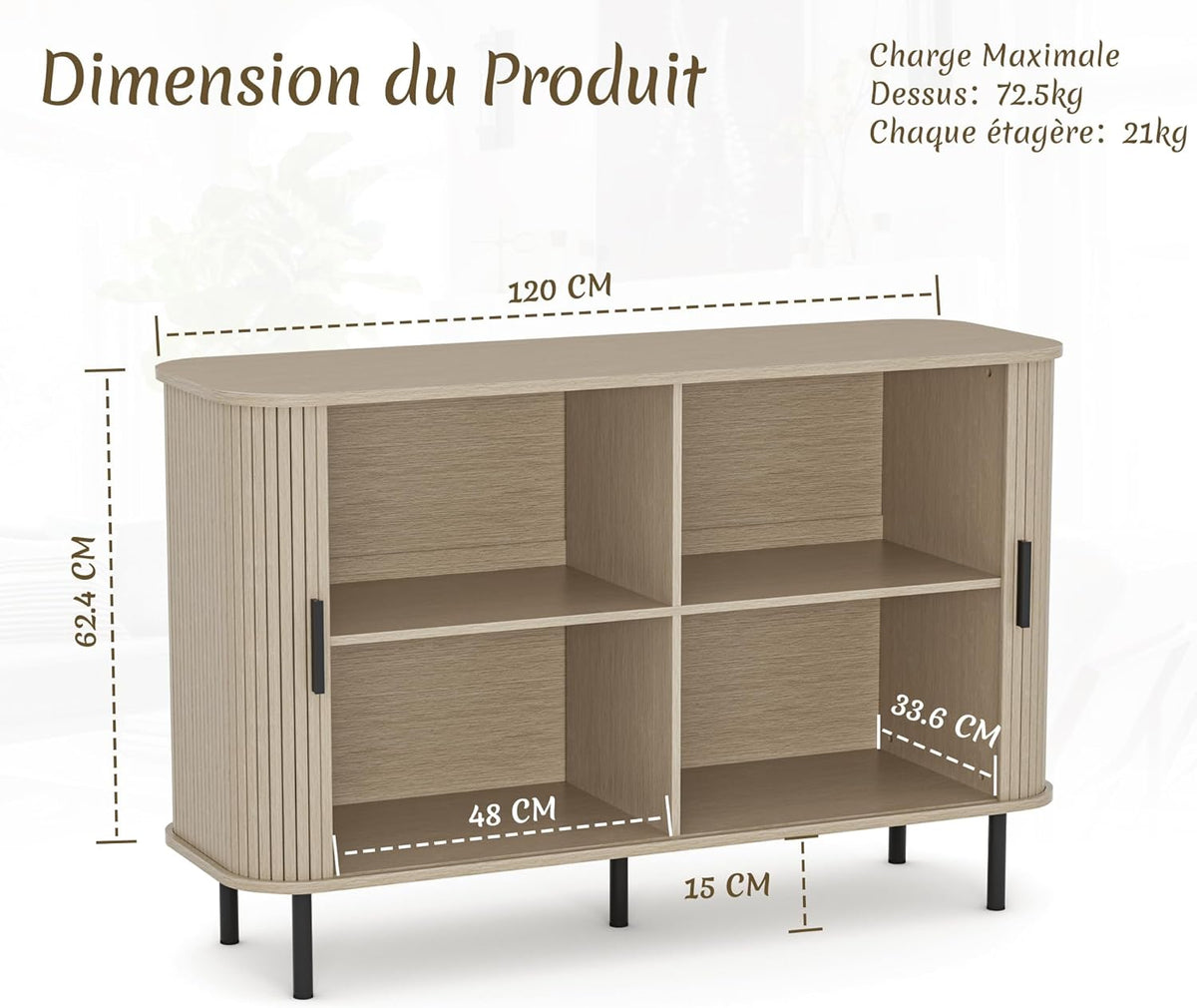 Sideboard, keukenkast met 2 schuifdeuren, verstelbare planken, opbergkast, koffiebar kast, dressoir voor keuken, eetkamer, woonkamer, 120 x 40 x 77 cm, houtkleurig