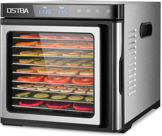 OSTBA Roestvrijstalen droogautomaat, 1000 W voedseldroger met temperatuurregeling (35-75 °C) en 48-uurs timer, 9 roestvrijstalen schalen voor het drogen van vlees, groenten en fruit, inclusief