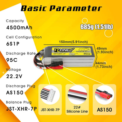 6S LiPo Accu – RC Batterij – Drone Accu – RC Auto Accu – FPV Racing Accu – 4500 mAh Capaciteit – 95C Ontlaadsnelheid – Softcase Behuizing – AS150 Stekker