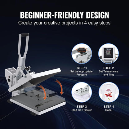 VEVOR Warmtepers, warmtepersmachine voor T-shirts, snel opwarmen, hogedruk-warmtepers 15 x 15, krachtige digitale industriële sublimatieprinter voor warmteoverdracht vinyl