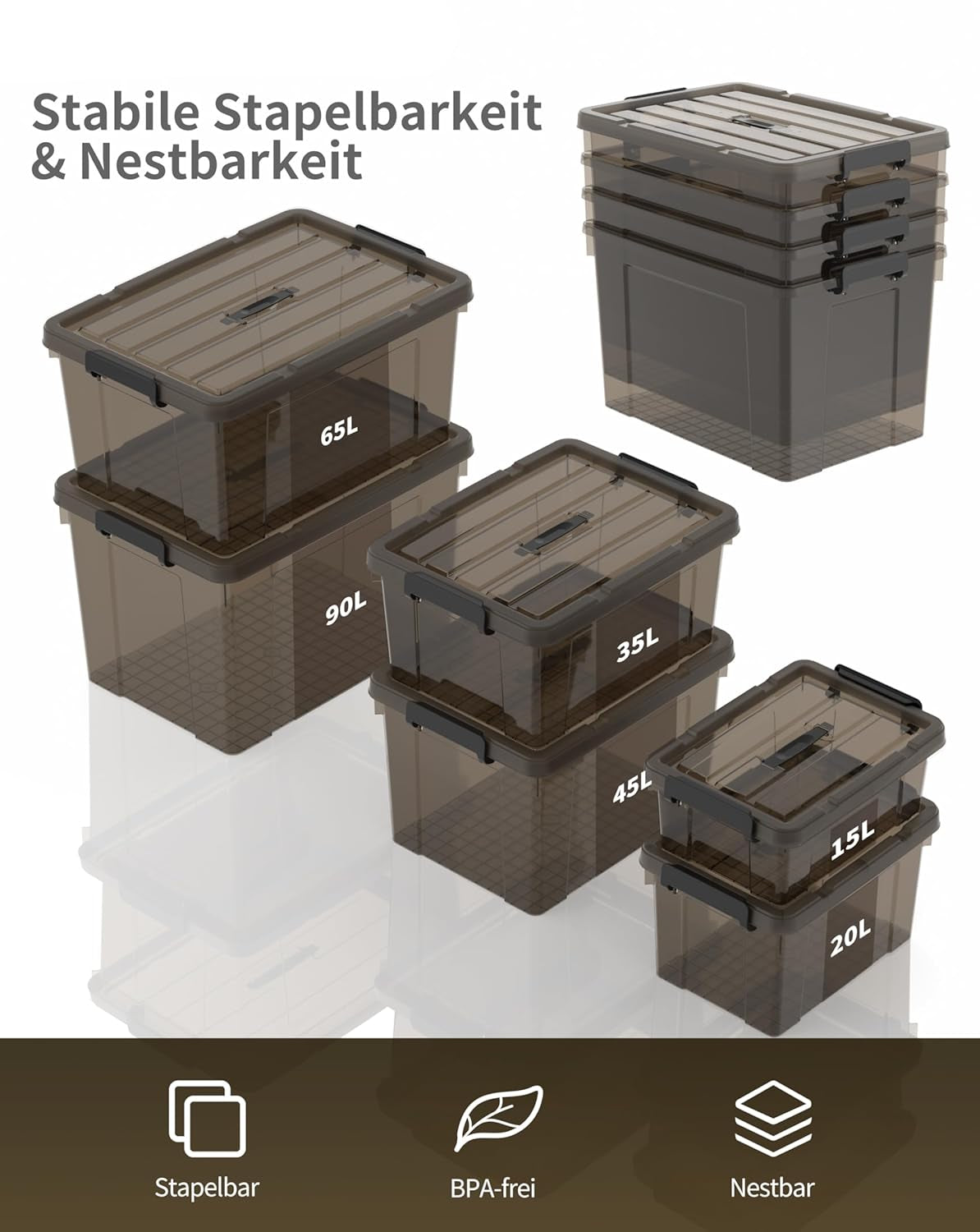 Opbergdozen, opbergdozen, draagbare kunststof dozen met handvat, stapelbare organisatiedozen voor slaapkamer, kantoor, school, transparant zwart, 90 l (set van 6)