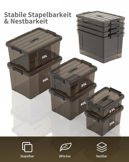Opbergdozen, opbergdozen, draagbare kunststof dozen met handvat, stapelbare organisatiedozen voor slaapkamer, kantoor, school, transparant zwart, 90 l (set van 6)