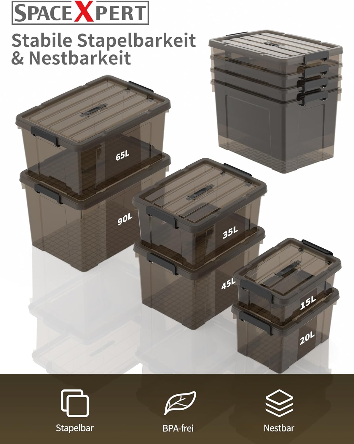 Opbergdozen – Opbergboxen – Opbergbakken – Organisatiedozen – Bewaarboxen – Set Van 6 – 65 Liter – Duurzaam PP Kunststof Met Handvat – Stapelbaar En Nestbaar