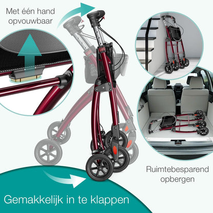 ELONEO Lichtgewicht Rollator voor Binnen - 54 cm Breed, Opvouwbaar Looprek met Dienblad en Stoffen Mandje, Smalle Rollator van Aluminium, Inklapbaar Mobiliteitshulpmiddel, Rood