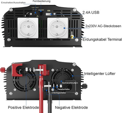 GIANDEL 2000 W omvormer, 12 V naar 230 V, zuivere sinus, auto-spanningsomvormer, compatibel met LifePO4 Power Inverter met afstandsbediening en USB-aansluitingen, voor camper, vrachtwagen, auto,