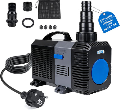 Eco Vijverpomp voor buiten, 16.000 l/u, 140 W, energiebesparende waterpomp, vijverfilterpomp, vijverfilter, beeklooppomp, fonteinpomp voor waterval, koivijver, beekloop, tuin