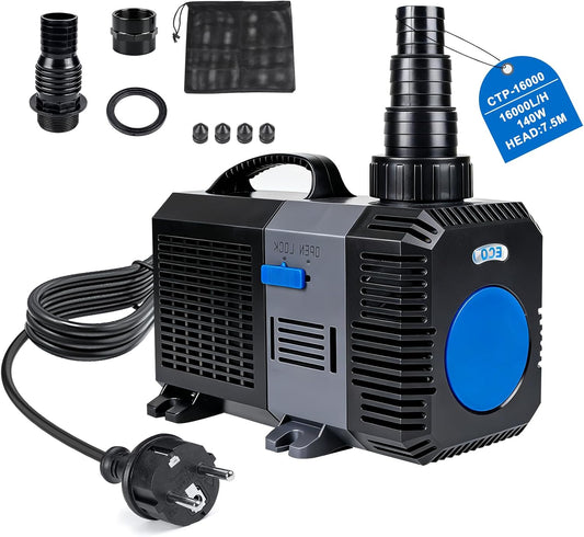 Eco Vijverpomp voor buiten, 16.000 l/u, 140 W, energiebesparende waterpomp, vijverfilterpomp, vijverfilter, beeklooppomp, fonteinpomp voor waterval, koivijver, beekloop, tuin