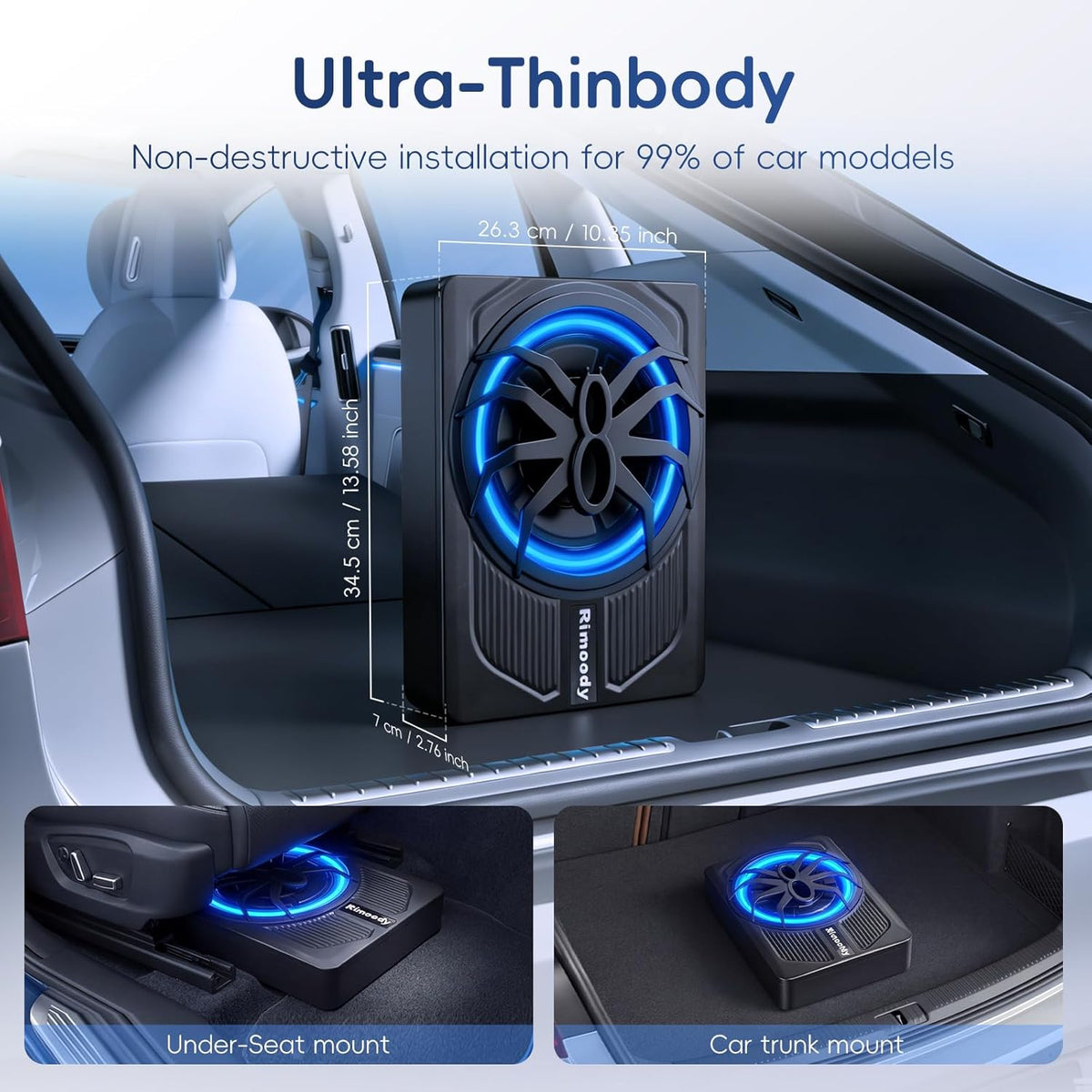 Rimoody 10 inch platte subwoofer actief - 1000 W Max Power, 120 W RMS, Bass Boost, inbouwset voor montage op de zitting van de stoel, voor auto