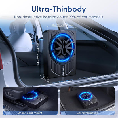 Rimoody 10 inch platte subwoofer actief - 1000 W Max Power, 120 W RMS, Bass Boost, inbouwset voor montage op de zitting van de stoel, voor auto