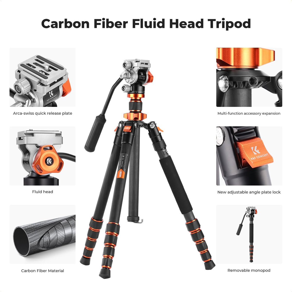K&F CONCEPT Camerastatief van koolstofvezel, 173 cm, fotostatief met hydraulische kop ± 90 graden, videostatief monopod 182 cm met Arca Swiss voor DSLR, Max 5 kg, O255C4+FH-03