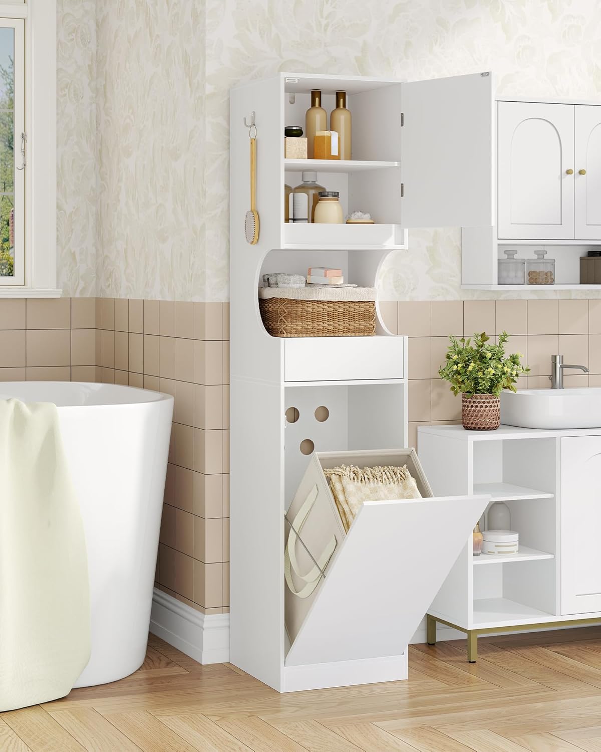 Hzuaneri BC43013X Bathroom Cabinet with Laundry Basket, Laundry Cabinet with 1 Drawer and Open Storage, Bathroom Cabinet with Laundry Collector for Bathroom, Utility Room, 40 x 40 x 174 cm, White