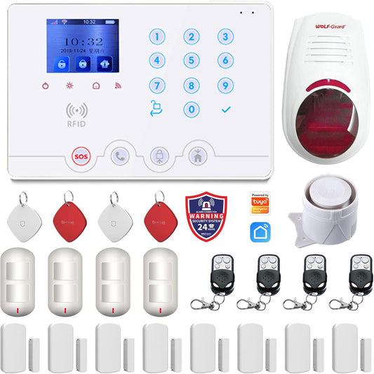 Wolf Guard W4Q-W03 WiFi + 4G draadloos alarmsysteem voor thuis Tuya Smartlife APP Amazon Alexa, met sirene raamdeursensor bewegingsmelder RFID