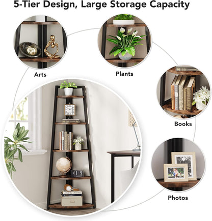 Tribesigns 70" Tall Corner Shelf, 5 Tier Rustic Corner Bookshelf Industrial Corner Ladder Shelf Small Bookcase Plant Stand for Living Room, Kitchen, Home Office