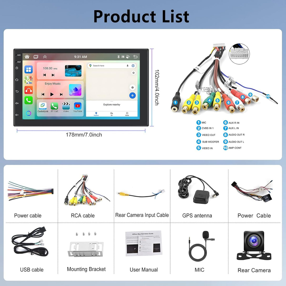 【8 Cores 6+128G】 Hodozzy Carplay Android Autoradio 2 Din met GPS 7 Inch Touchscreen, Bluetooth Autoradio met Android Auto/DSP/WiFi/RDS/FM/USB + Achteruitrijcamera