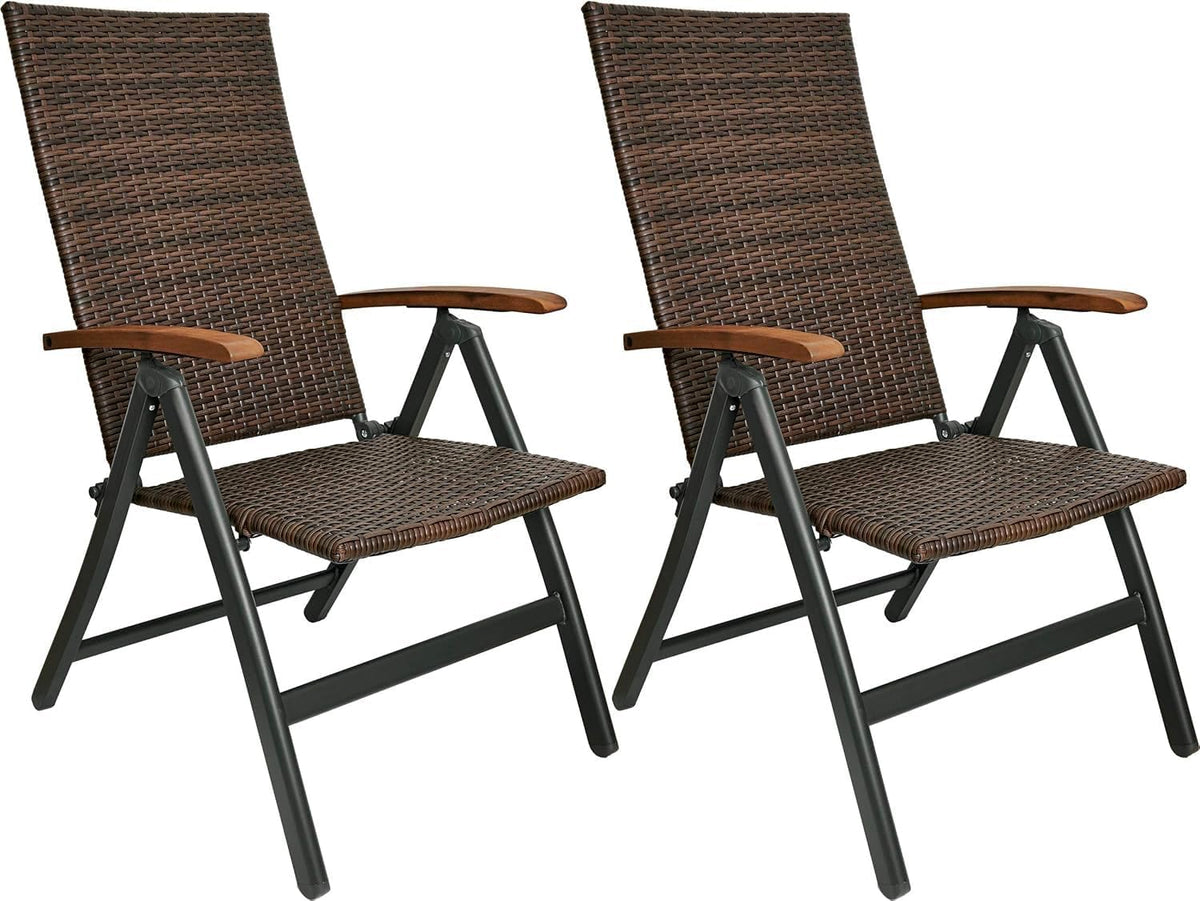BRUBAKER Set of 2 Polyrattan Garden Chairs Modena - High Backrest Foldable - 8-way adjustable Backrest - Folding Chair Aluminium - Weatherproof - Brown/Grey - QUORE