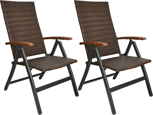 BRUBAKER Set of 2 Polyrattan Garden Chairs Modena - High Backrest Foldable - 8-way adjustable Backrest - Folding Chair Aluminium - Weatherproof - Brown/Grey - QUORE