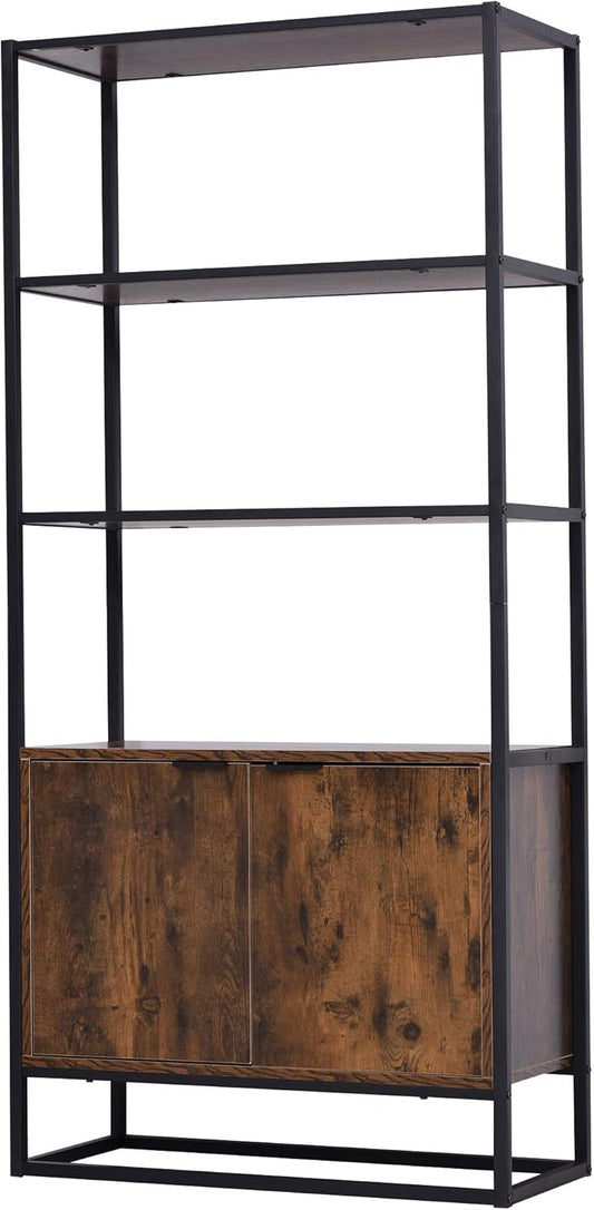 HOMCOM bookshelf freestanding shelf office shelf filing shelf kitchen shelf 3 shelves with 1 cabinet industrial design E1 chipboard metal frame brown 76 x 33 x 162.5 cm - QUORE