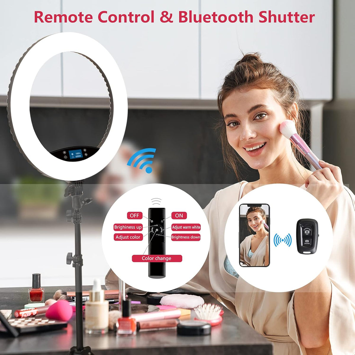 19 inch LED Ring Light LCD Display Touch Screen met statief Dimbare make-up Selfie Ring Light voor Studio Portret YouTube Vlog Video Shooting met draagtas en afstandsbediening, CRI>90