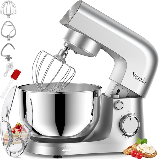 Vezzio Blender, 4,5 liter, 1500 W, 10 snelheden, keukenmachine om te bakken (zilver) (zilver)