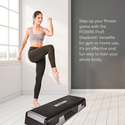POWRX Professionele aerobic quiltplank incl. workout I Fitness Stepbank Step in hoogte verstelbaar I Afmetingen: 89 x 34 cm I hoogte tot max. 25 cm verstelbaar (zwart)