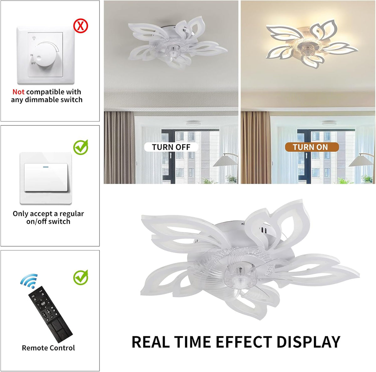 Plafondventilator met verlichting, plafondventilator met 6 snelheden, 3 kleuren, met lichtgevende afstandsbediening, inbouwplafondventilator, moderne led-kroonluchter met verlichting voor
