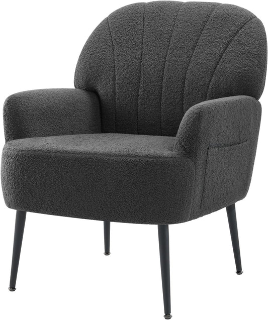 IWMH Accent Chair for Living Room, Teddy Fabric Armchair, Single Sofa Chair with Armrests, Metal Legs, Corner Chair for Bedroom Reading (Teddy Grey) - QUORE