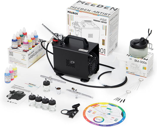 MEEDEN Airbrush-compressorset met 24 kleuren, 1/5PS Air Brush set met Auto Stop 3 dual-Action airbrushpistool (0,25/0,35/0,5 mm) persluchtmachine met reinigingsset voor kunstenaars modelbouw, 47 dB