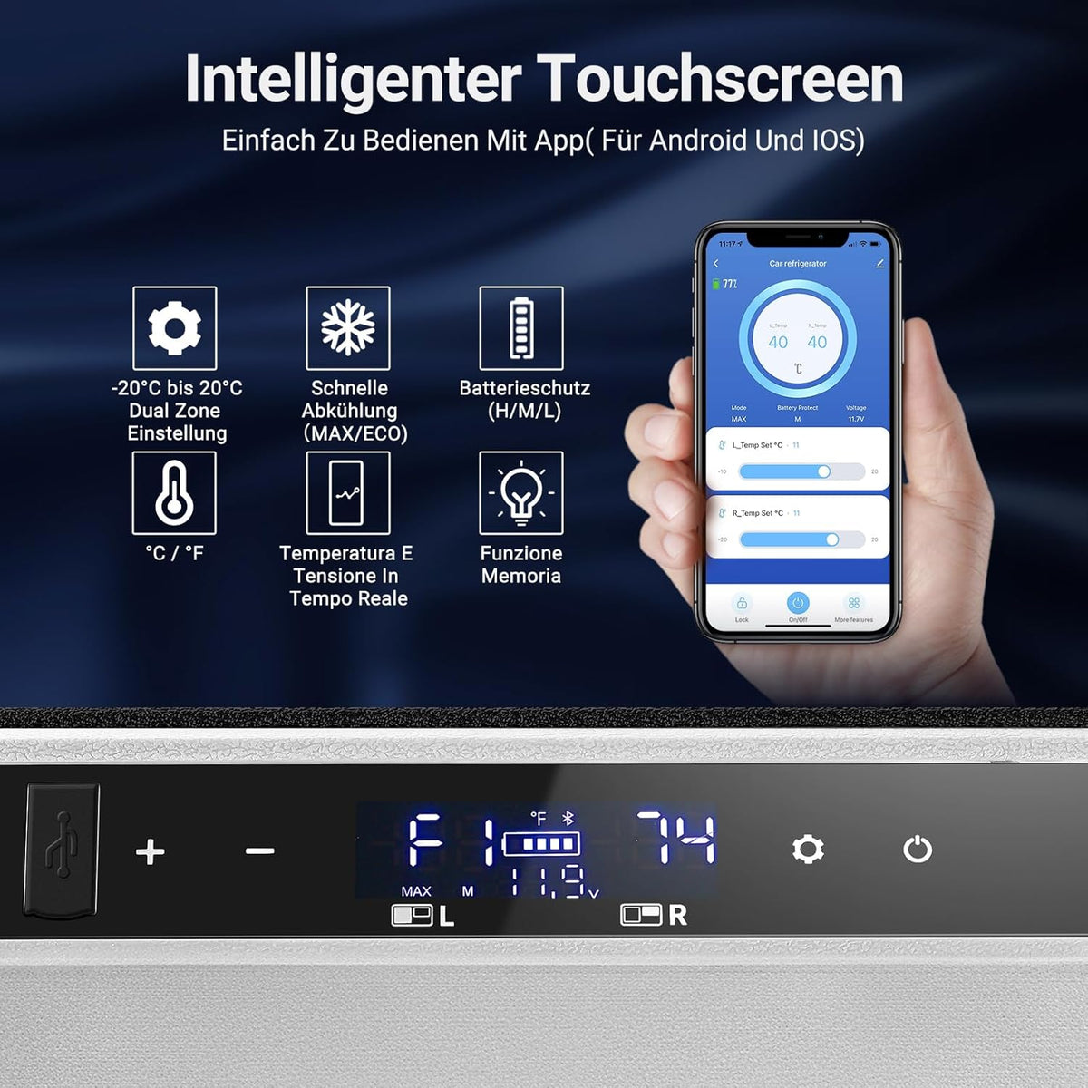 AAOBOSI Elektrische koelbox, 115 l, dubbele zone, koelbox met compressie, wifi, app, 12 V/24 V en 100-240 V, koelkast, camping, -20 °C tot 20 °C, voor auto, vrachtwagen, boot, camping, caravans