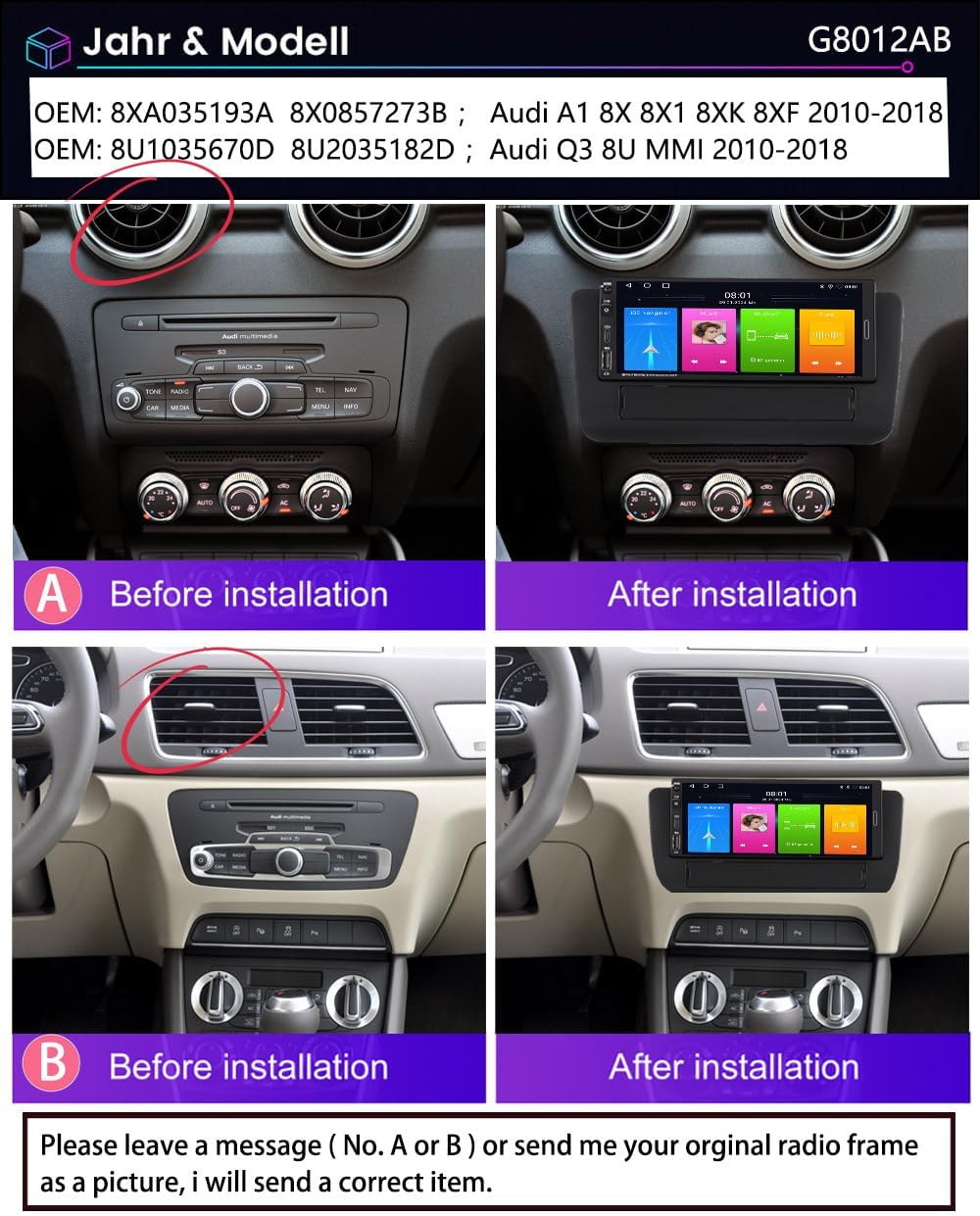 Android autoradio voor Audi A1 8X 8X1 8XK 8XF 2010-2018 met draadloze Carplay en Android auto, 6,9 inch touchscreen, auto stereo display speler radio met GPS/WiFi/Bluetooth/SWC/FM RDS/MirrorLink