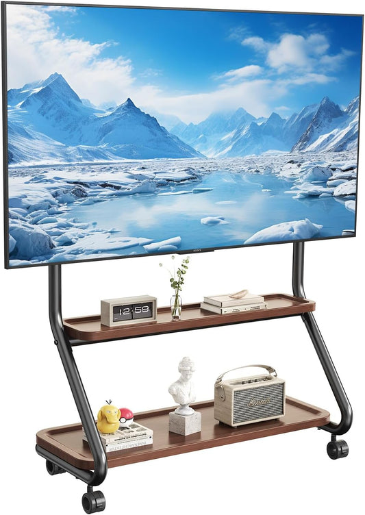 Schildersezel rollende tv-standaard mobiele tv-kar met wielen voor 32"-75" tv's, zware tv-vloerstandaard met 2-laags opbergplank en gatplatform, tv-montagestandaard voor woonkamer, slaapkamer