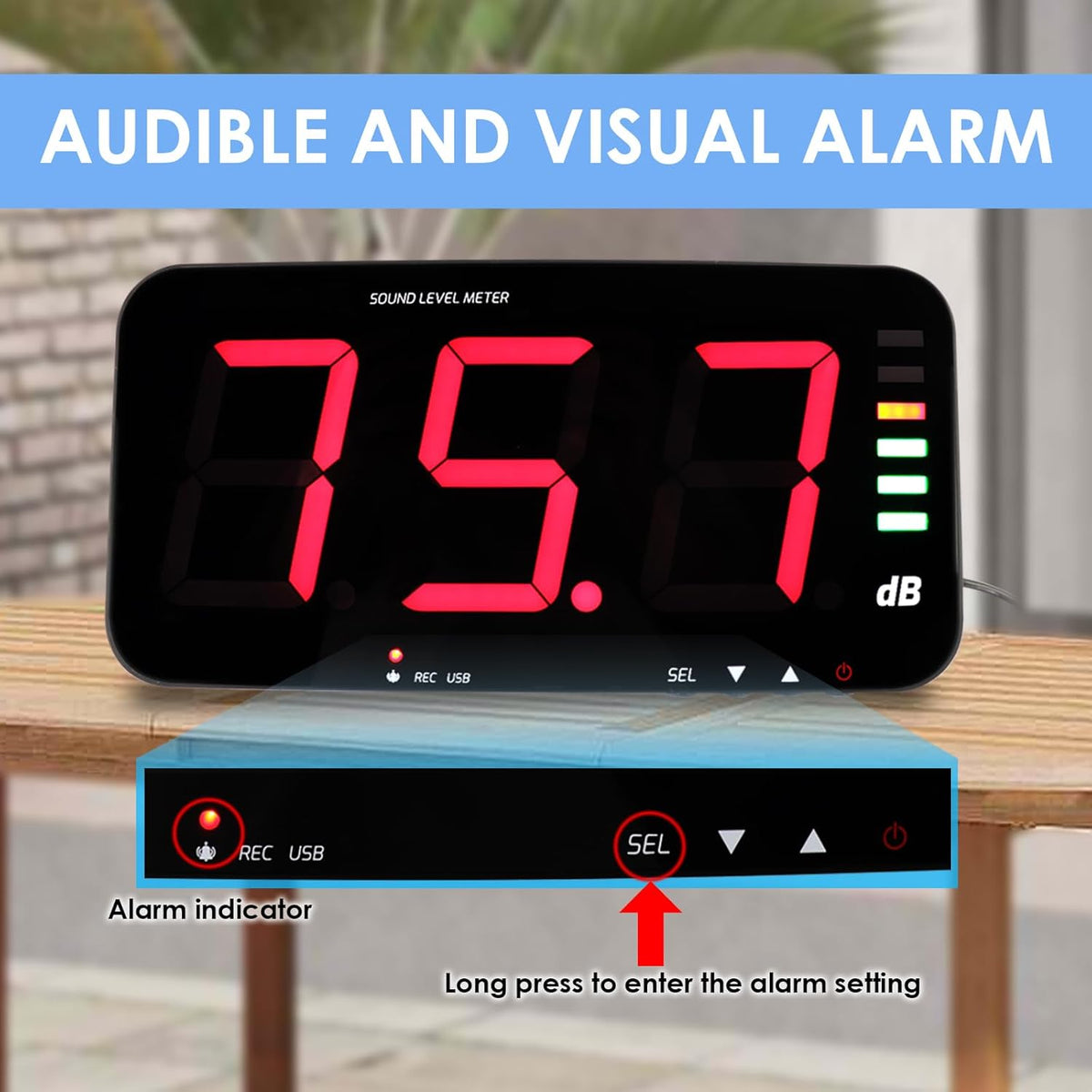 Digitale Geluidsniveaumeter 30~130dB Geluidsmeting Decibelmeter 13" HD Breedbeeldscherm Wandgemonteerd met Datalogfunctie en Geluidsalarm
