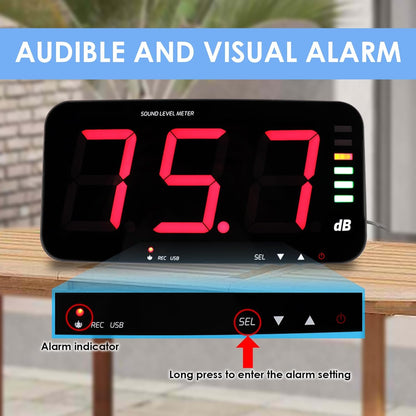 Digitale Geluidsniveaumeter 30~130dB Geluidsmeting Decibelmeter 13" HD Breedbeeldscherm Wandgemonteerd met Datalogfunctie en Geluidsalarm