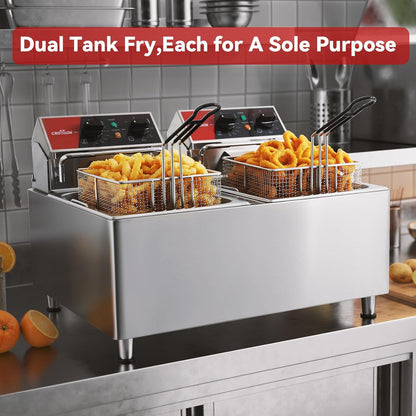 CROSSON Commerciële Friteuse 16L,230V/6500W Elektrische Friteuse met Dubbele Tank, Temperatuurregeling 80-200°C,Snel opwarmen,voor Keuken,Restaurant