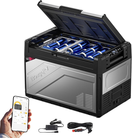 BougeRV Rocky Koelbox, 52 liter, 12 V, 230 V, compressor-koelbox, auto met vriesvak, app-bediening, afneembare scheidingswand, temperatuurregeling met dubbele zones, autokoelkast, 12 V, camping, voor