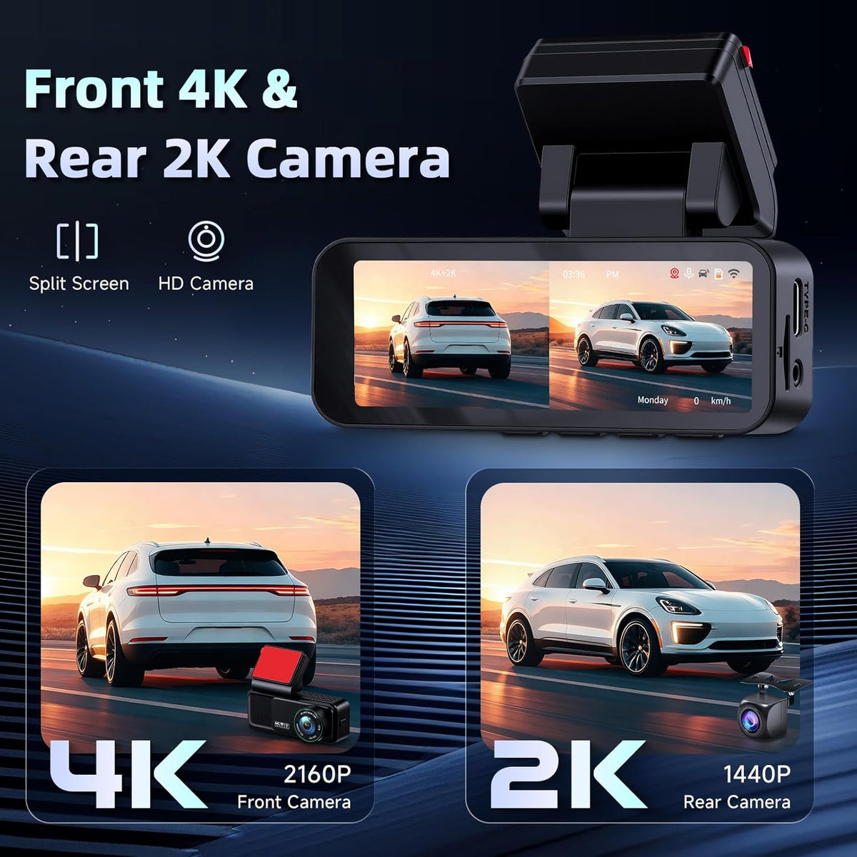 Hodozzy 4K Dashcam met voor- en 2K achteruitrijcamera, 3,16-inch IPS-scherm, dashcam voor auto's, wifi- en app-bediening, ADAS, BSD en LCA, nachtzicht, G-sensor, loop-opname, parkeermodus-monitor