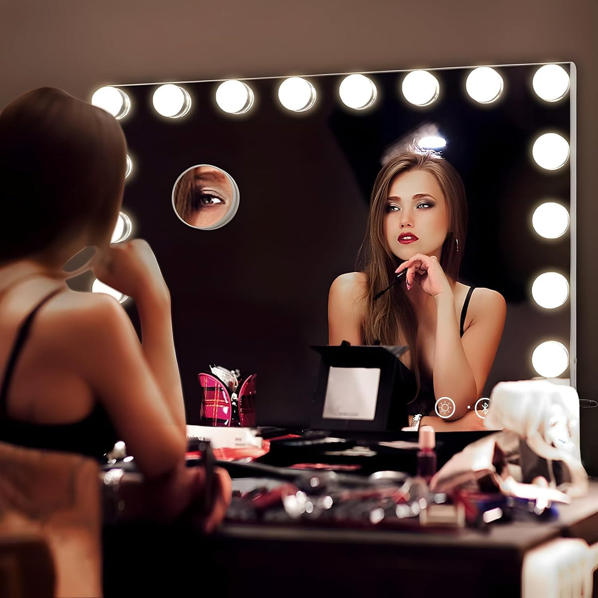 Hansong Bluetooth Make-up Spiegel met verlichting 18 LED-lamp Dresse Spiegel Hollywood Spiegel met USB oplaadpoort 3 kleurtemperaturen grote make-upspiegel voor tafelspiegels of wandspiegel