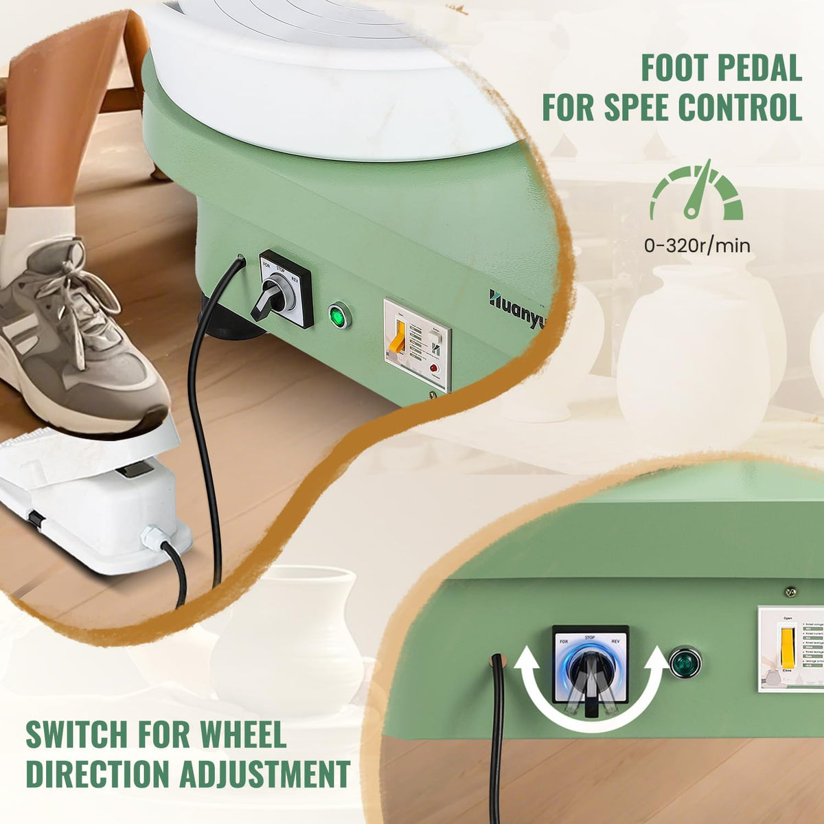 Pottenbakkerschijf – Draaischijf – Keramiekschijf – Klei Draaitafel – Boetseerschijf – 30 cm Draaiplateau – Elektrische Voetpedaalbediening – 350W Motor – Complete Pottenbakkersset – Groen - QUORE
