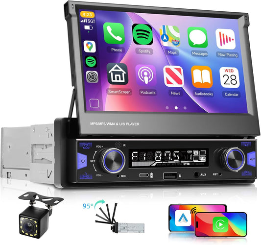 Hodozzy Autoradio 1 DIN met Carplay Android auto, draadloos, uittrekbaar touchscreen, 7 inch (17,8 cm), Bluetooth radio FM/AM/RDS, MP5-radio met MirrorLink/USB/AUX/Type-C + stuurbediening en camera