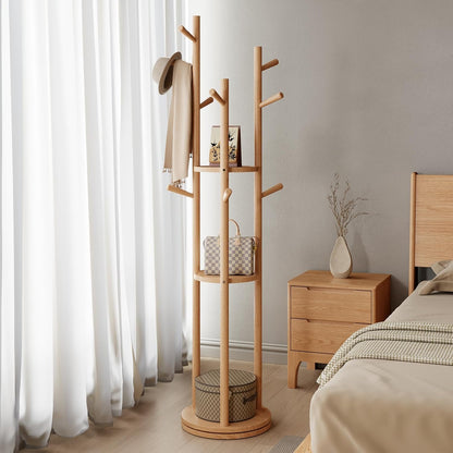 AQIMUELE Kapstok, kledingstandaard, massief hout, draaibare jasstandaard met 3 legplanken en 9 haken, voor hal, slaapkamer (natuurlijk hout)