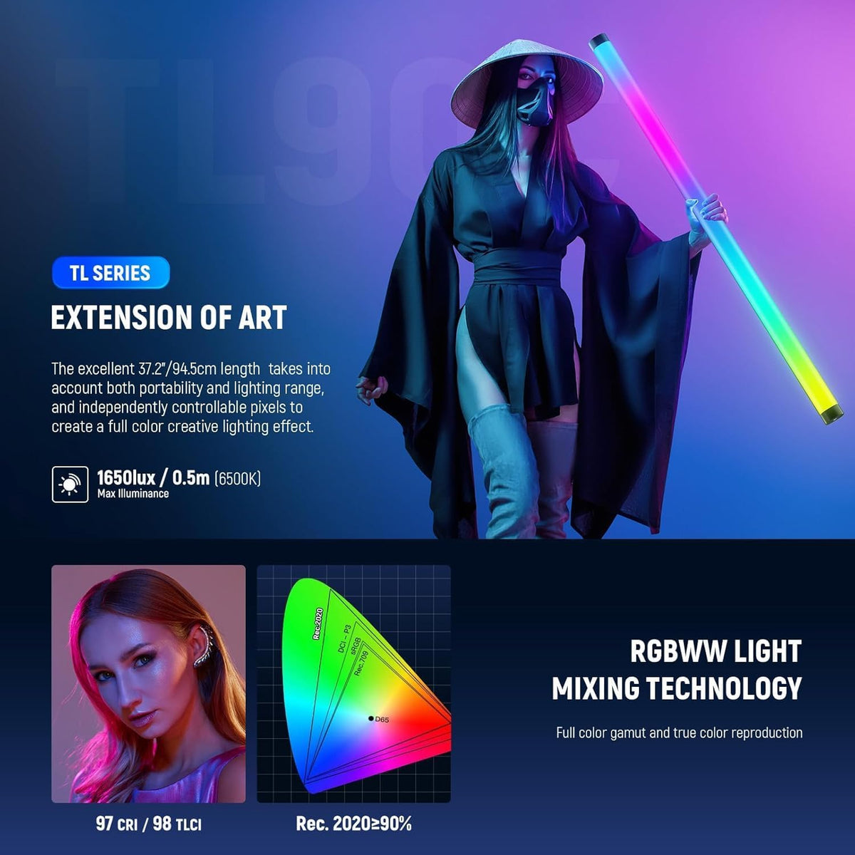 NEEWER TL60 RGB videoverlichting, RGBWW draagbare led-videolamp voor fotografie, lichtstaaf met 2,4 G app-besturing/DMX, 7 pixeleffecten, 18 scènes, 2500 K-10000 K TLCI98+, batterij 3000 mAh