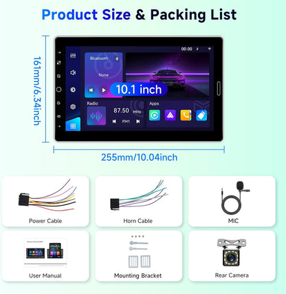 1-DIN Autoradio – Auto Stereo – Multimedia Speler – Radio Ontvanger – Navigatie Systeem – Draadloze CarPlay & Android Auto – 10,1-inch Draaibaar IPS-Touchscreen
