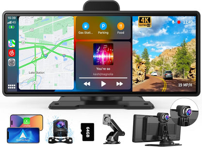 10,26 inch Carplay Display met 4K dashcam auto voor, 1080p achteruitrijcamera, draadloze Carplay Android Auto, Mirror Link, navigatie, Google, Siri, FM, AUX, Loop Recording, 64G SD-kaart
