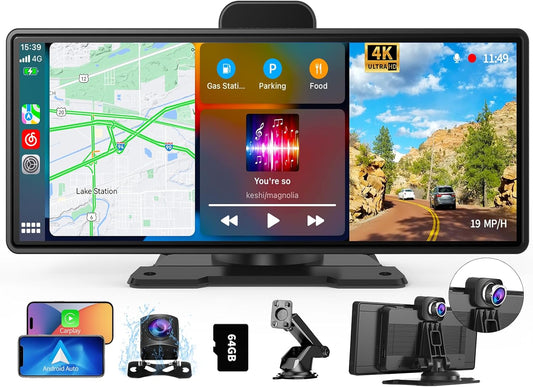 10,26 inch Carplay Display met 4K dashcam auto voor, 1080p achteruitrijcamera, draadloze Carplay Android Auto, Mirror Link, navigatie, Google, Siri, FM, AUX, Loop Recording, 64G SD-kaart