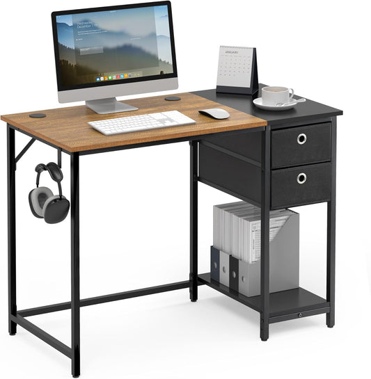 Mondeer Computerbureau, bureau met 2 laden en opbergplank links of rechts, 100 x 50 x 76 cm, industriële stijl, thuiskantoor werkstation studie, rustiek bruin en zwart