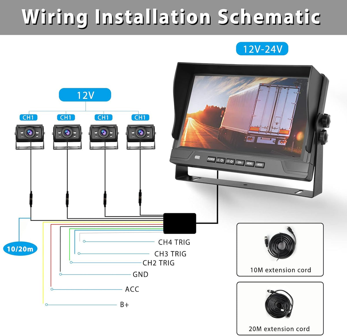 Hodozzy Achteruitrijcamera met 9 inch 4 gedeelde monitor, 4 camera's AHD nachtzicht IP68 waterdicht, voor achter camera met kabel 2 x 10 m en 2 x 20 m, 12 V 24 V