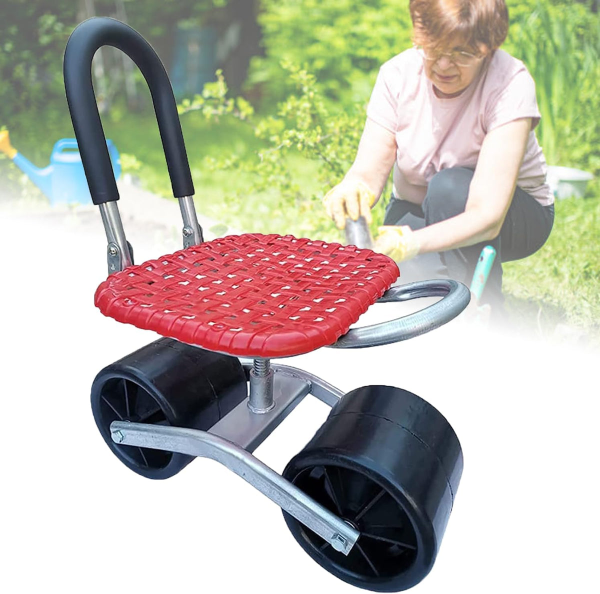Garden cart - Stool - with 3 wheels - Garden aid - Height adjustable - Red