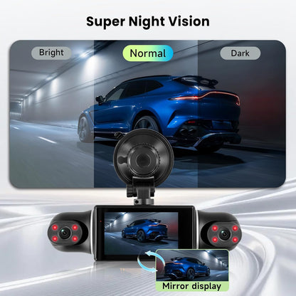 Hodozzy 2K WiFi 4-kanaals dashcam auto met app-bediening, dashcam met lusopname, 3 inch dashcam met nachtzicht, G-sensor, spiegelafbeelding, parkeermodus, spiegelfunctie, achteruitrijhulp + TF